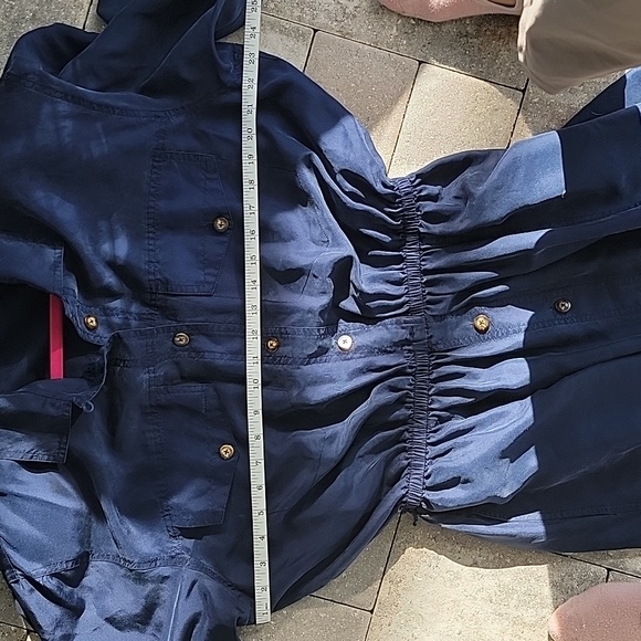 Vintage 80's Dresses Elisabeth Silk Shirt Dress Navy Blue Sz 16 Has Pockets - Picture 10 of 10